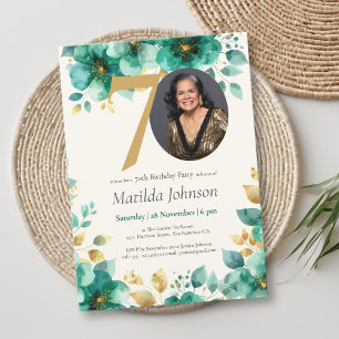 Emerald Green and Gold Floral 70th Birthday  Invitation