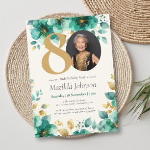 Emerald Green and Gold Floral 80th Birthday Invitation