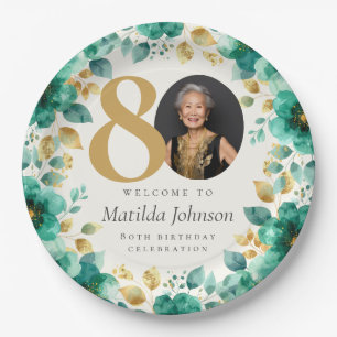 Emerald Green and Gold Floral 80th Birthday Party Paper Plate