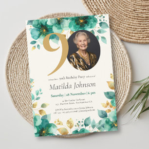 Emerald Green and Gold Floral 90th Birthday Invitation