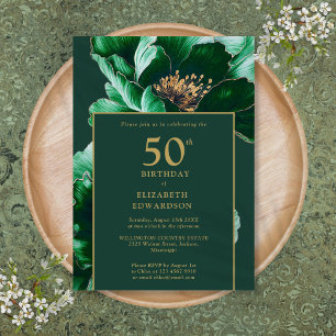 Emerald Green And Gold Floral Birthday Invitation