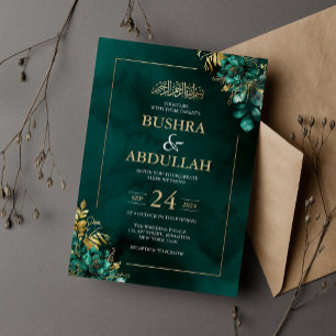 Emerald Green and Gold Floral Islamic Wedding Invitation