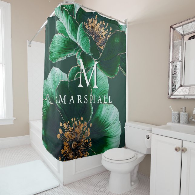 Emerald Green And Gold Floral Monogram Elegant Shower Curtain (In Situ)