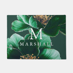 Emerald Green And Gold Floral Monogram Family Name Doormat