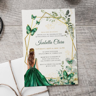 Emerald Green and Gold Floral Princess Quinceanera Invitation