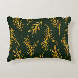 Emerald Green and Gold Floral Sprig Lumbar Decorative Cushion