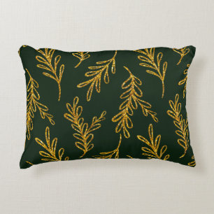 Emerald Green and Gold Floral Sprig Lumbar Decorative Cushion