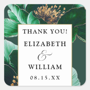 Emerald Green And Gold Floral Thank You Favour Square Sticker