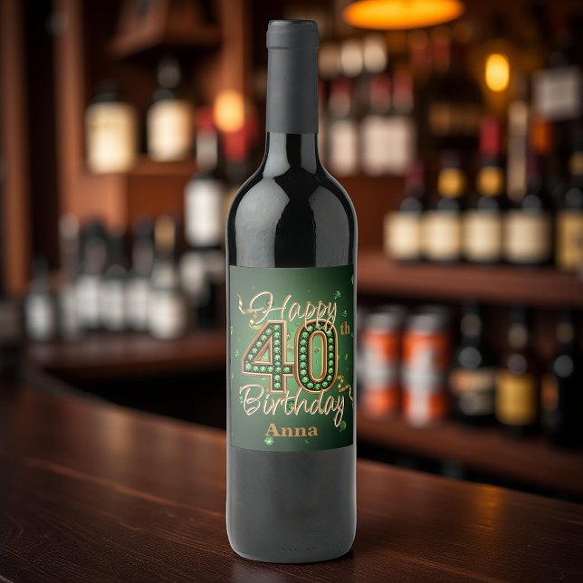 Emerald Green and Gold Gemstone 40th Birthday Wine Label (Creator Uploaded)
