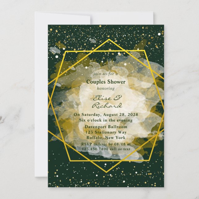 Emerald Green and Gold Geometric Couples Shower Invitation (Front)