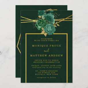 Emerald Green and Gold Geometric Floral Wedding Invitation