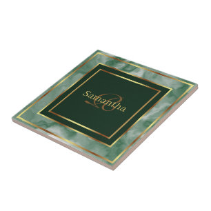 Emerald Green And Gold Geometric Marble Ceramic Tile