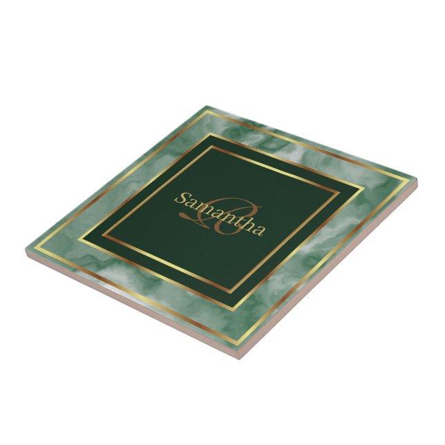Emerald Green And Gold Geometric Marble Ceramic Tile (Side)