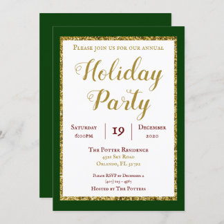 Emerald Green and Gold Glitter Holiday Party Invitation