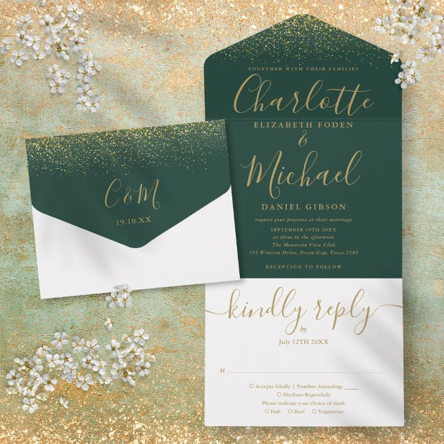 Emerald Green And Gold Glitter Script Wedding All In One Invitation (Emerald Green And Gold Glitter Script Wedding All In One Invitation)