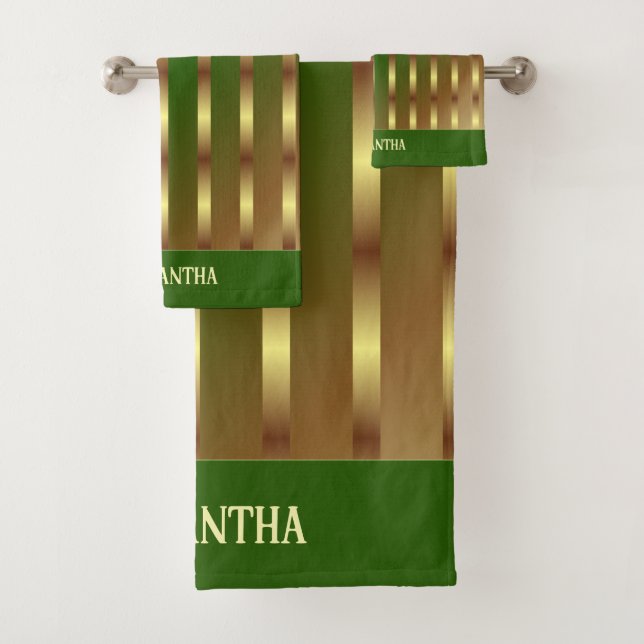 Emerald Green And Gold Gradient Stripes Name Bath Towel Set (Insitu)