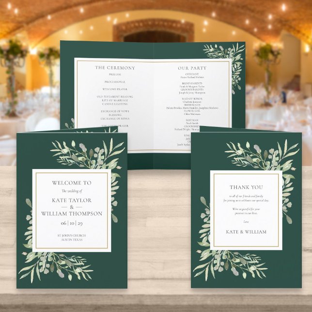 Emerald Green And Gold Greenery Foliage Wedding Program (Creator Uploaded)