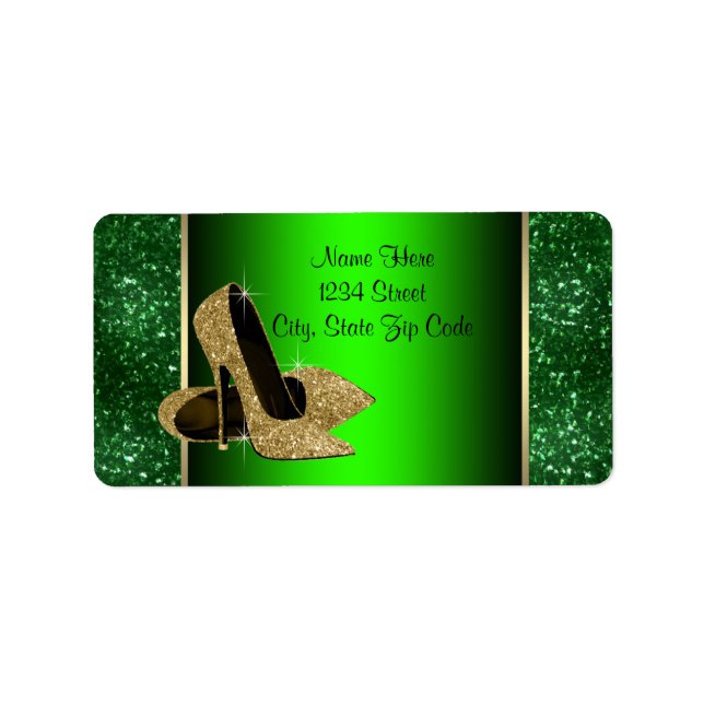 Emerald Green and Gold High Heel Shoe Address Label (Front)