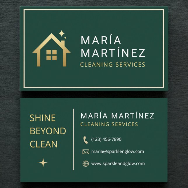 Emerald Green and Gold House Cleaning Services Business Card (Creator Uploaded)