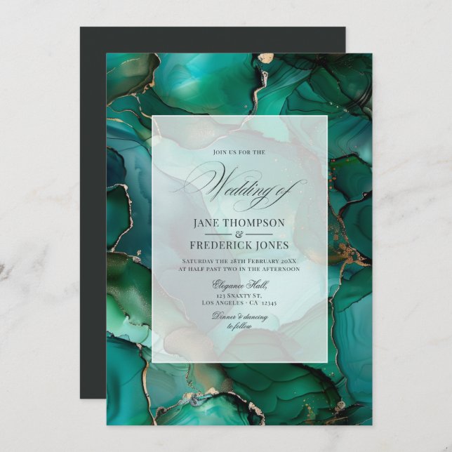 Emerald Green and Gold Ink Wedding Invitation (Front/Back)