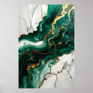 Emerald Green and Gold Leaf Abstract Marble Poster