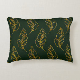 Emerald Green and Gold Leaf Lumbar Throw Pillow