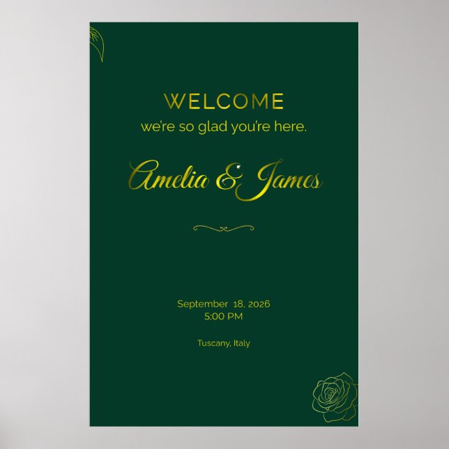 Emerald Green and Gold Leaf Wedding Welcome Sign (Front)