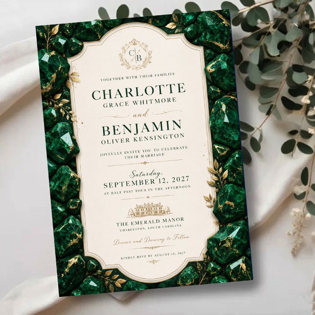 Emerald Green and Gold Luxury Gemstone Acrylic Invitations (Creator Uploaded)