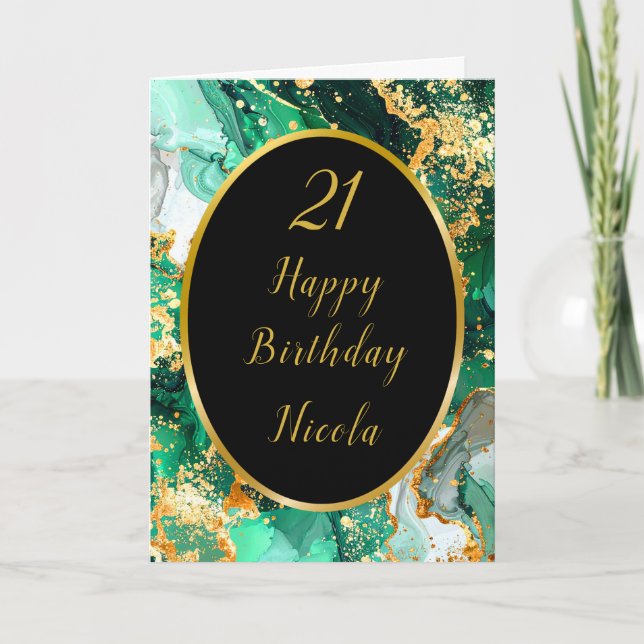 Emerald Green and Gold Marble Agate Birthday Party Card (Front)