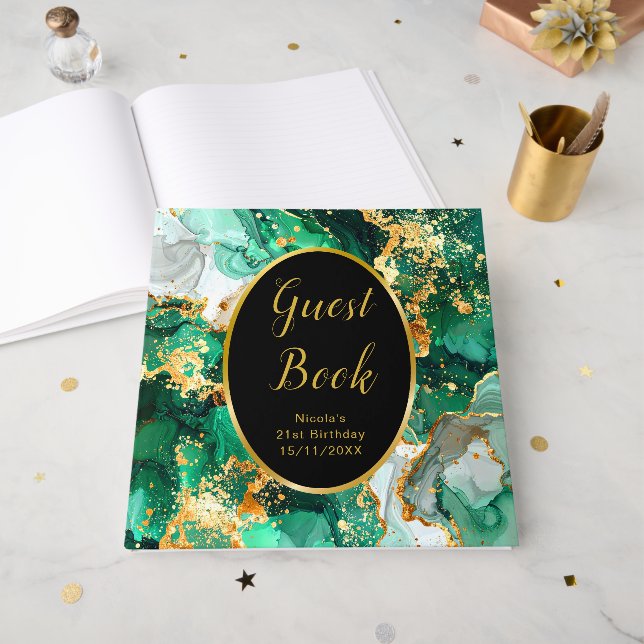 Emerald Green and Gold Marble Agate Birthday Party Guest Book (Front Open)