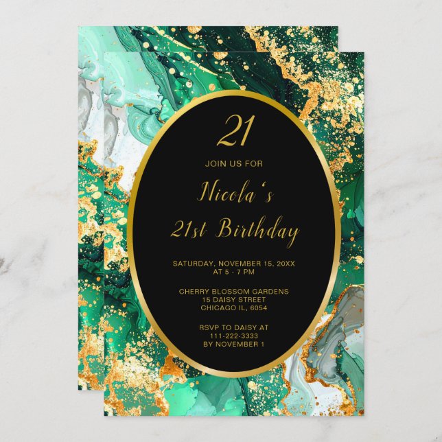 Emerald Green and Gold Marble Agate Birthday Party Invitation (Front/Back)