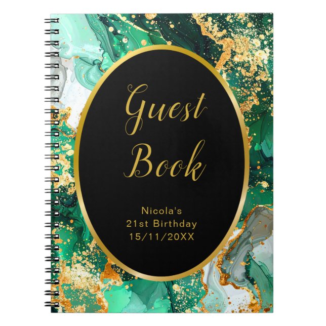 Emerald Green and Gold Marble Agate Birthday Party Notebook (Front)