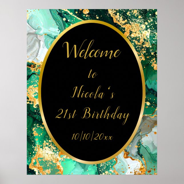 Emerald Green and Gold Marble Agate Birthday Party Poster (Front)