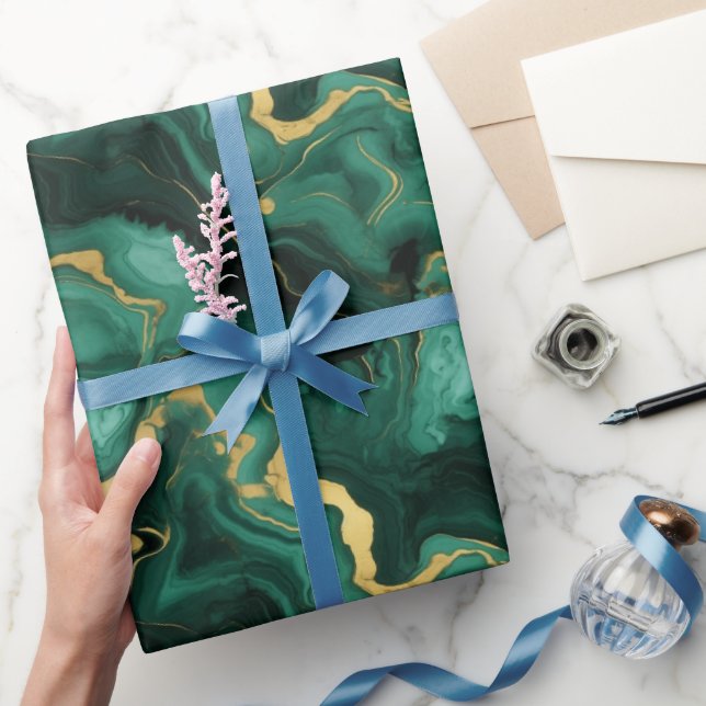 Emerald green and gold marble liquid style pattern wrapping paper (Gifting)