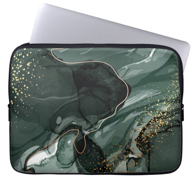 Emerald Green and Gold Marble, Marble Background Laptop Sleeve (Front)