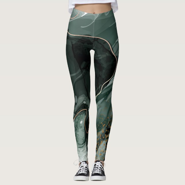 Emerald Green and Gold Marble, Marble Background Leggings (Front)