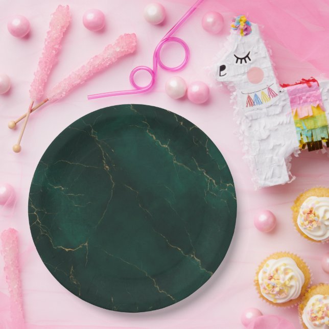 Emerald Green and Gold Marble Texture Luxury Paper Plate (Party)