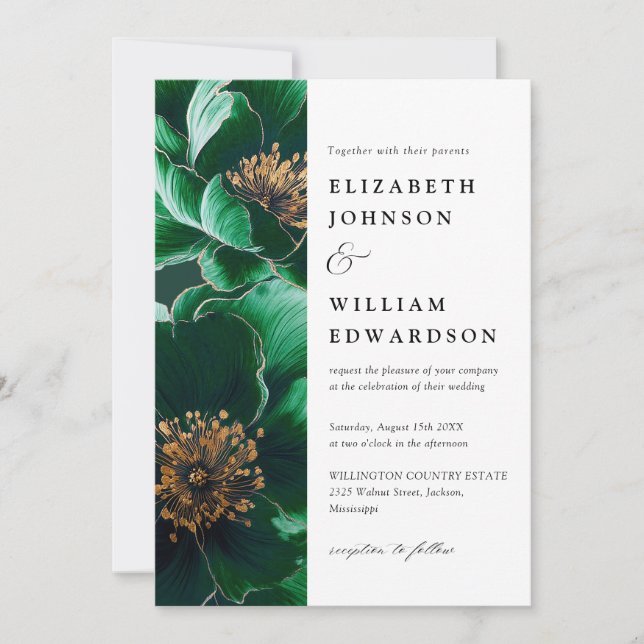 Emerald Green And Gold Modern Floral Photo Wedding Invitation (Front)