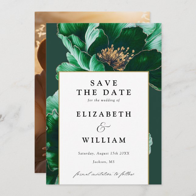 Emerald Green And Gold Modern Floral Photo Wedding Save The Date (Front/Back)