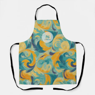 Emerald Green and Gold Paisley-Inspired Abstract Apron