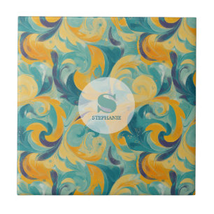 Emerald Green and Gold Paisley-Inspired Abstract Ceramic Tile