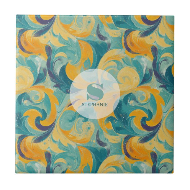 Emerald Green and Gold Paisley-Inspired Abstract Ceramic Tile (Front)