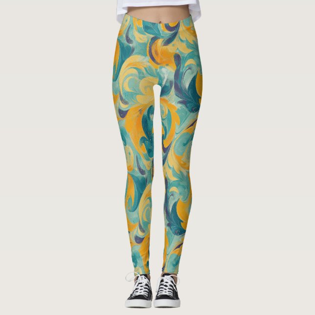 Emerald Green and Gold Paisley-Inspired Abstract Leggings (Front)