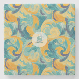 Emerald Green and Gold Paisley-Inspired Abstract Stone Coaster