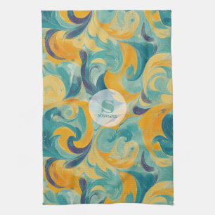 Emerald Green and Gold Paisley-Inspired Abstract Tea Towel