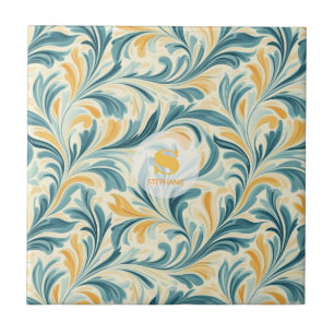 Emerald Green and Gold Paisley Leaf Pattern Ceramic Tile