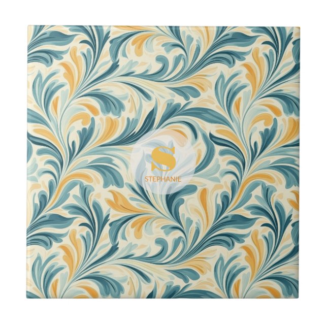 Emerald Green and Gold Paisley Leaf Pattern Ceramic Tile (Front)