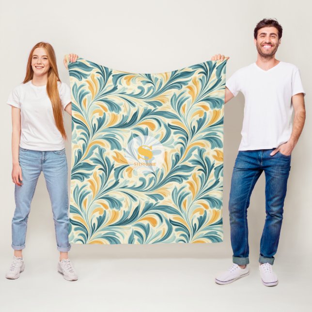 Emerald Green and Gold Paisley Leaf Pattern Fleece Blanket (In Situ)