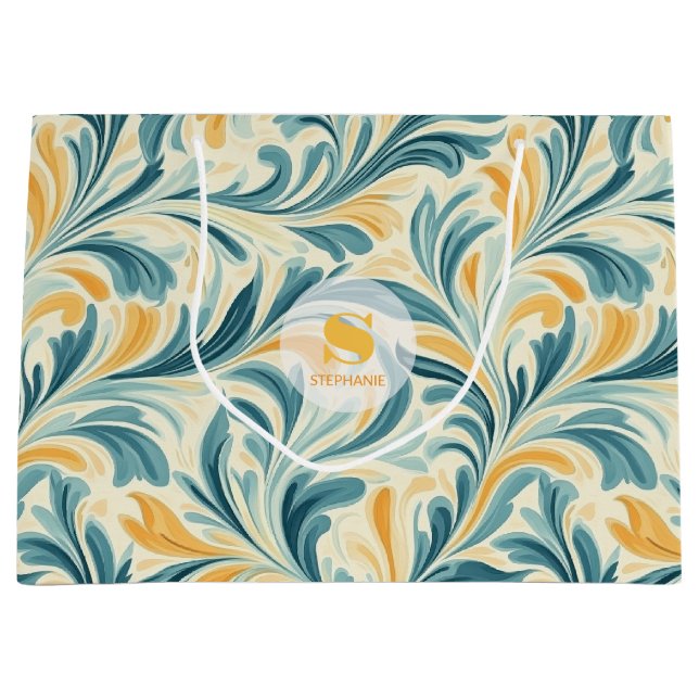 Emerald Green and Gold Paisley Leaf Pattern Large Gift Bag (Front)