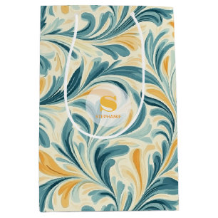 Emerald Green and Gold Paisley Leaf Pattern Medium Gift Bag